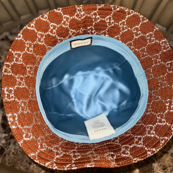 Gucci Canvas Lame GG Monogram Bucket Hat S Burnt Orange Silver - Picture 6 of 7